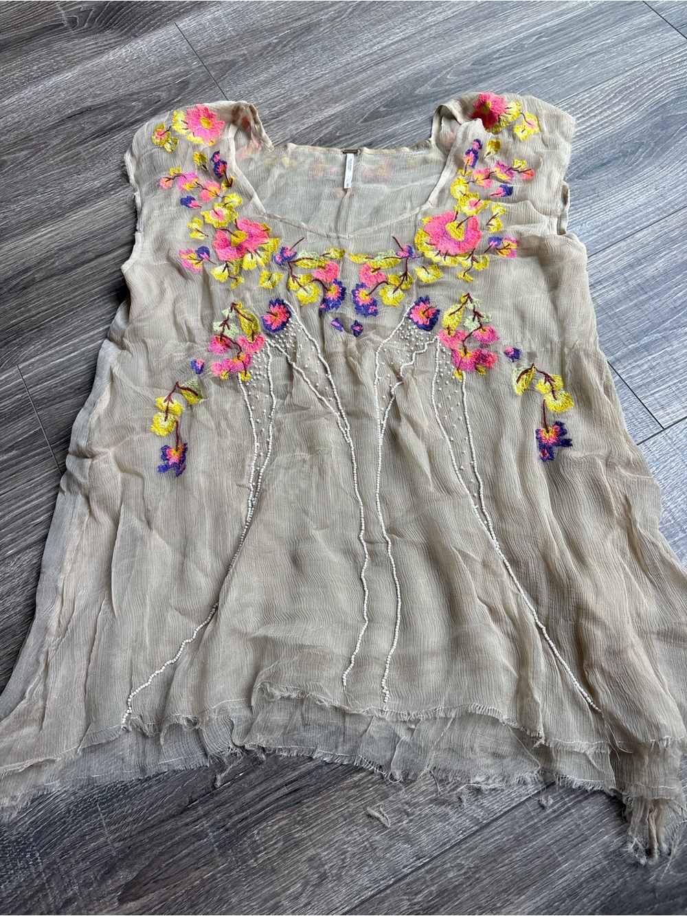 Free People Beige Sheer Sleeveless Top with Pink, Yellow & Purple Embroidery